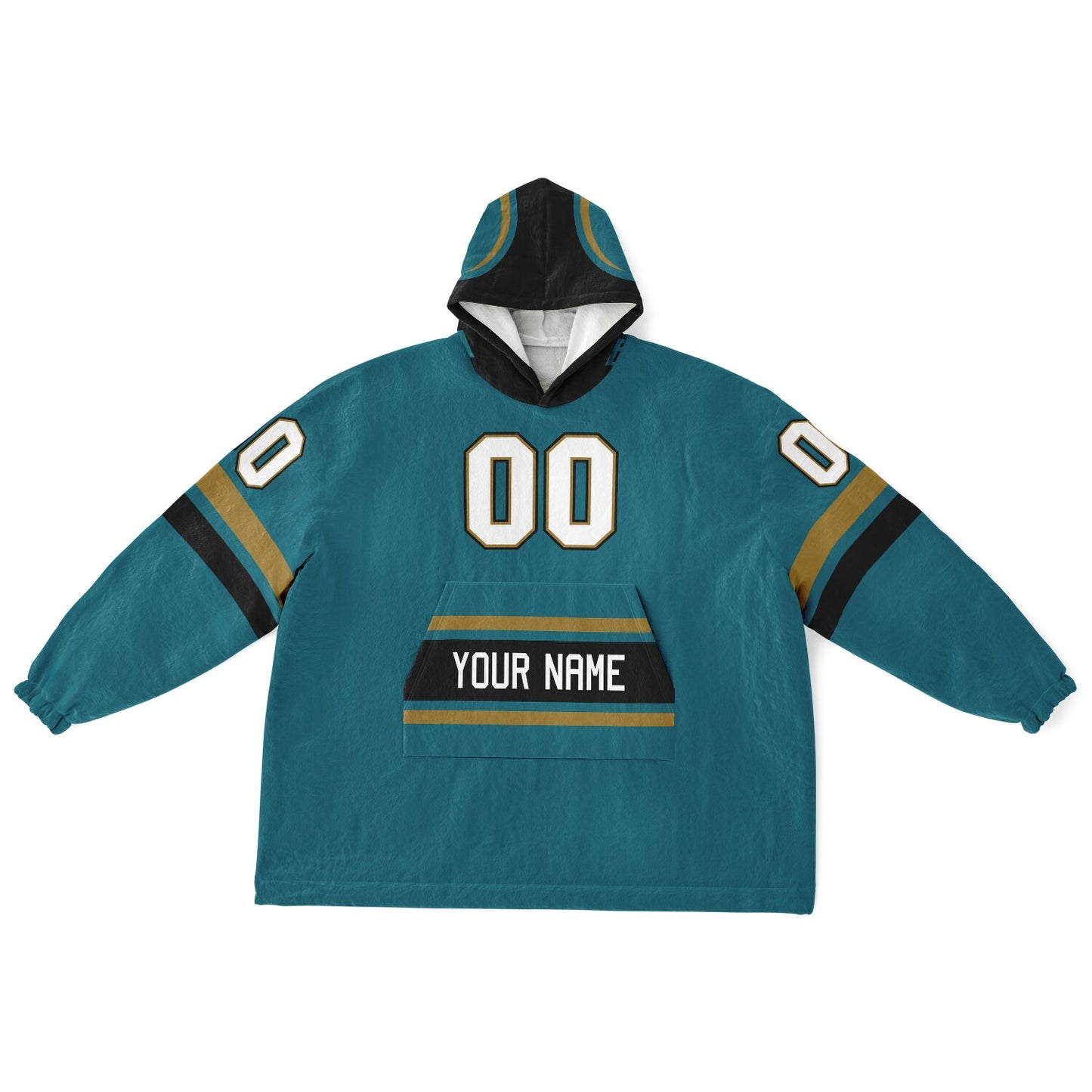 Teal, black, and gold classic snug hoodie featuring authentic jersey striping and personalized number details.
