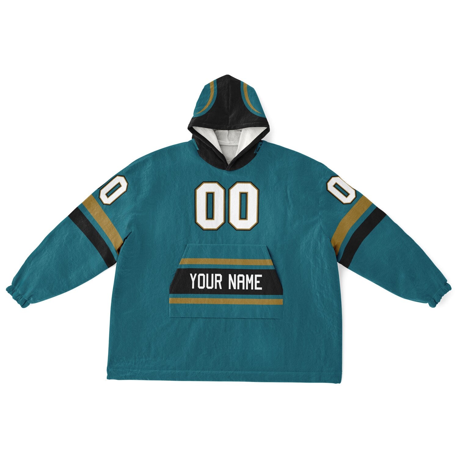 Teal, black, and gold classic snug hoodie featuring authentic jersey striping and personalized number details.