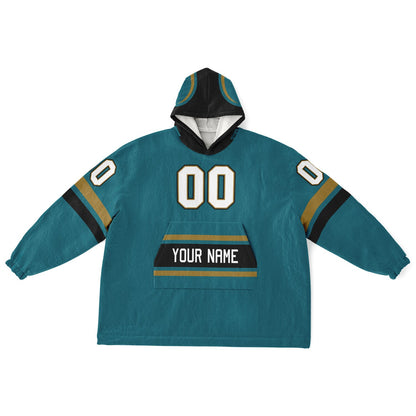 Teal, black, and gold classic snug hoodie featuring authentic jersey striping and personalized number details.