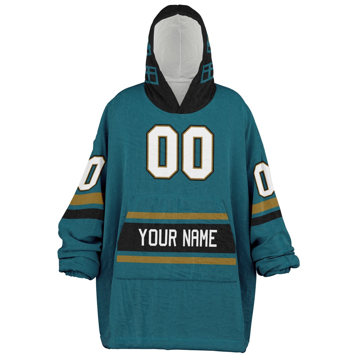 Teal, black, and gold classic snug hoodie featuring authentic jersey striping and personalized number details.