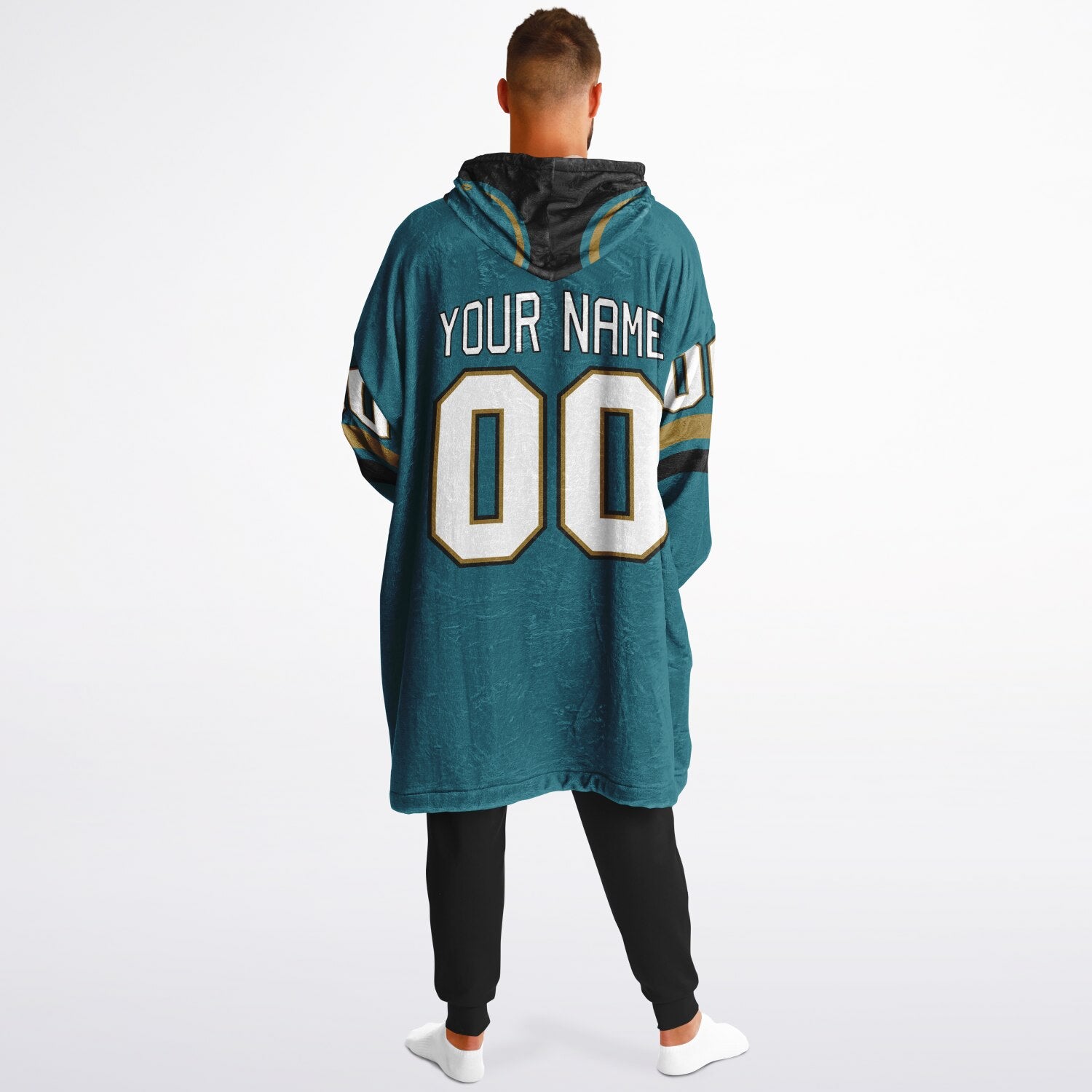 Teal, black, and gold classic snug hoodie featuring authentic jersey striping and personalized number details.