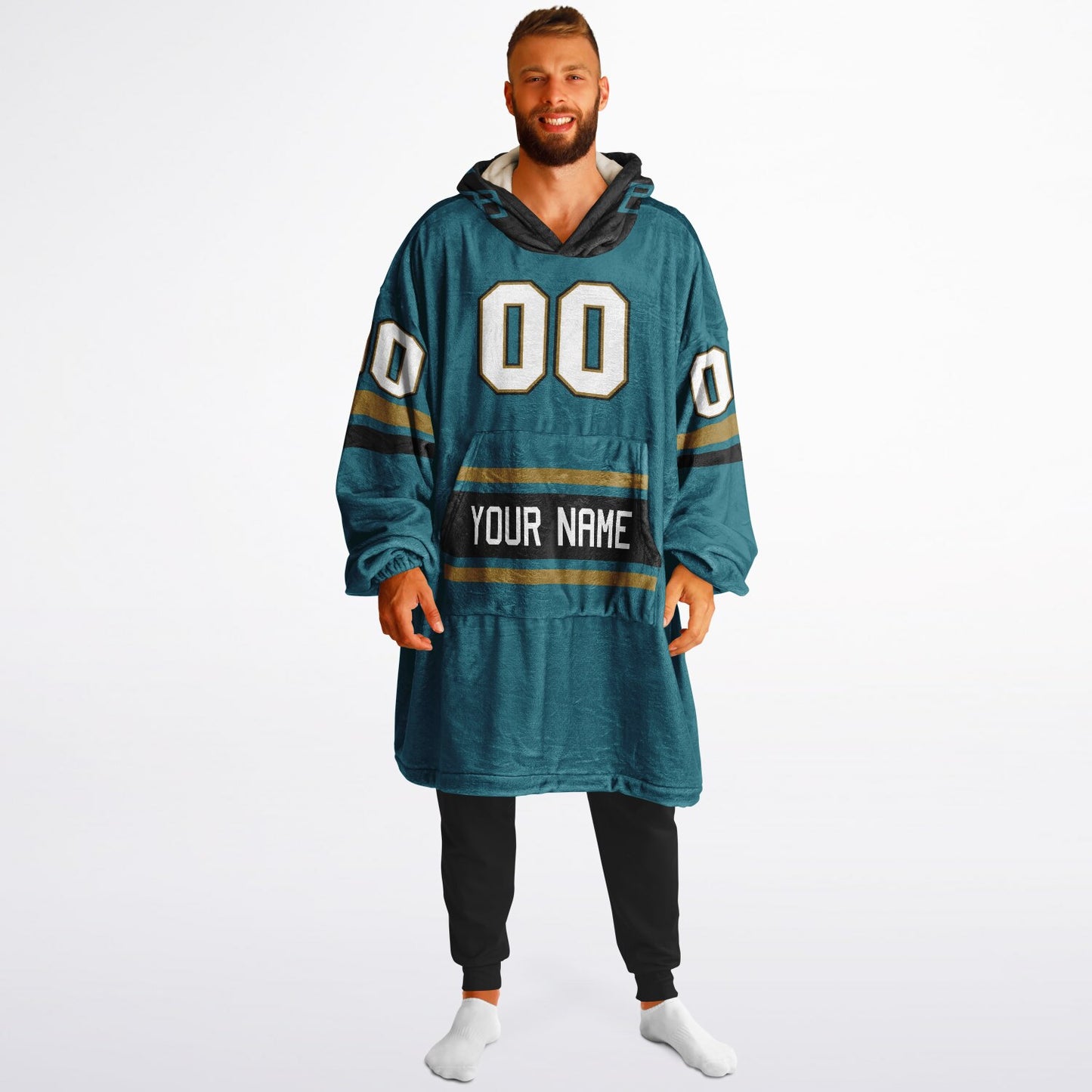 Teal, black, and gold classic snug hoodie featuring authentic jersey striping and personalized number details.