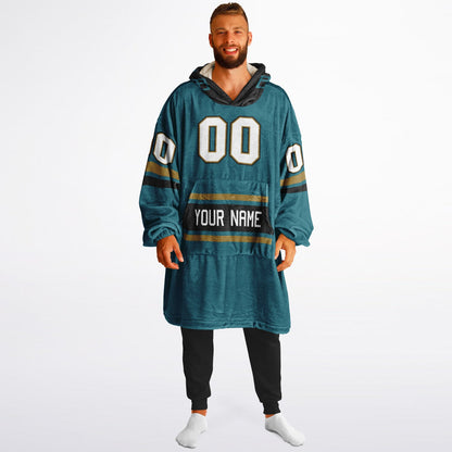 Teal, black, and gold classic snug hoodie featuring authentic jersey striping and personalized number details.