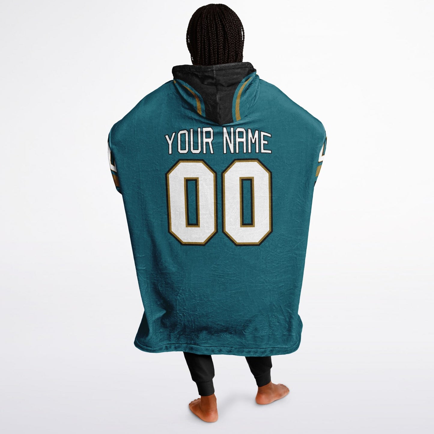 Teal, black, and gold classic snug hoodie featuring authentic jersey striping and personalized number details.