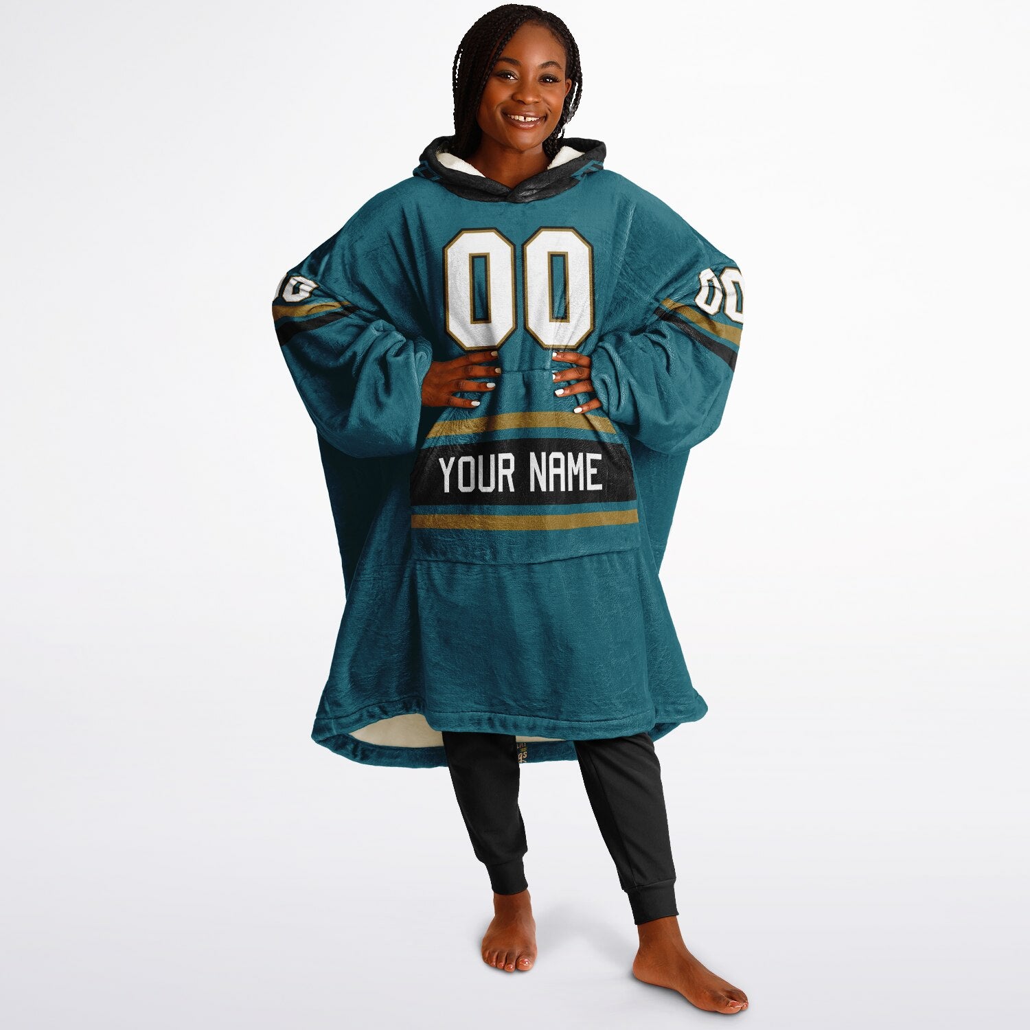 Teal, black, and gold classic snug hoodie featuring authentic jersey striping and personalized number details.