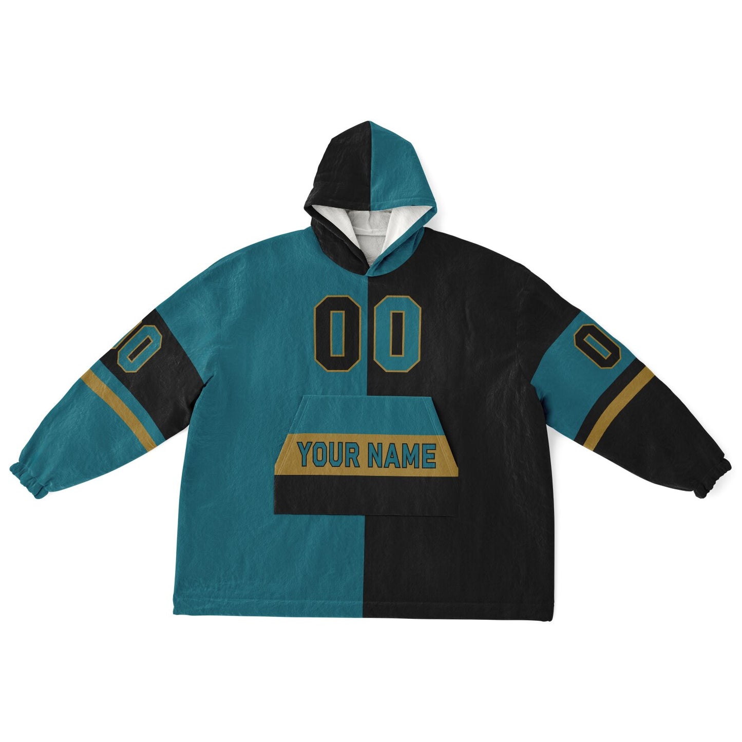 Teal, black, and gold halftime snug hoodie with three-tone split design and cozy fleece texture.