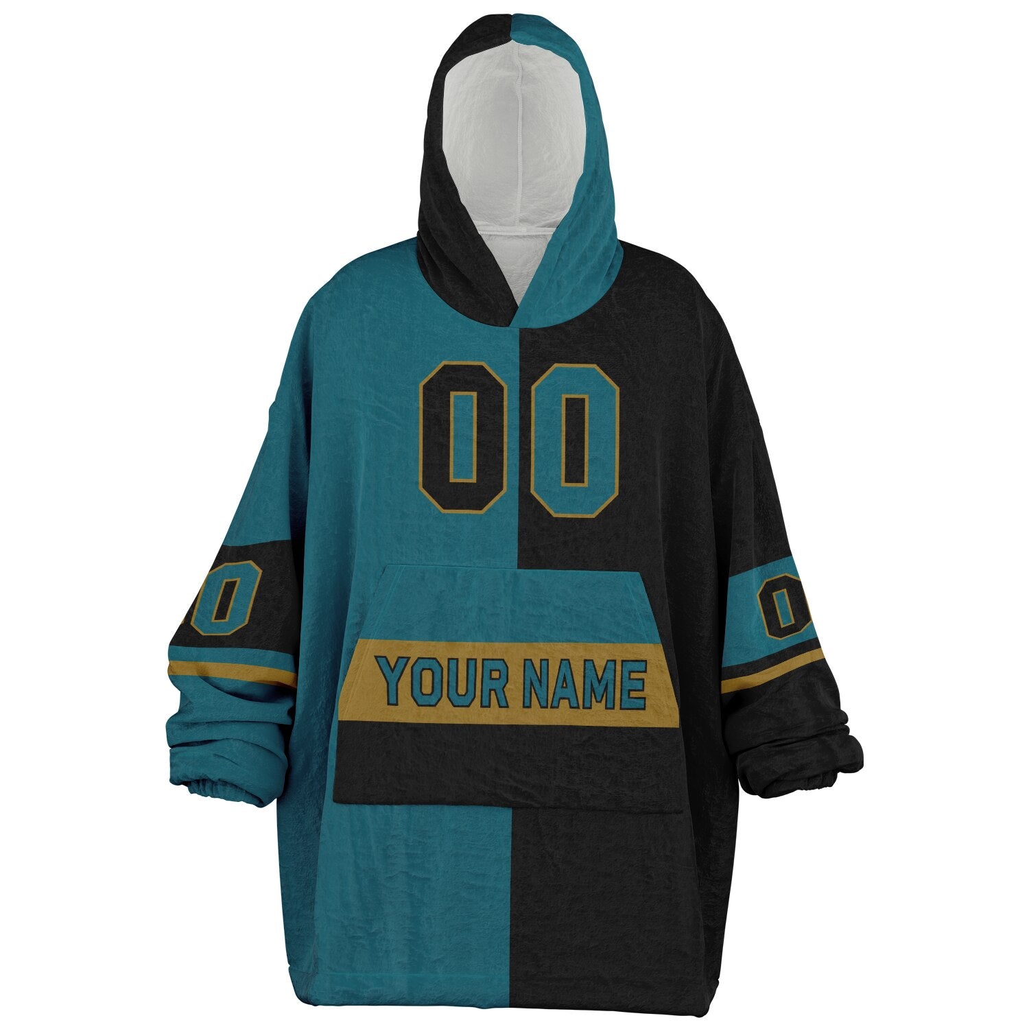 Teal, black, and gold halftime snug hoodie with three-tone split design and cozy fleece texture.