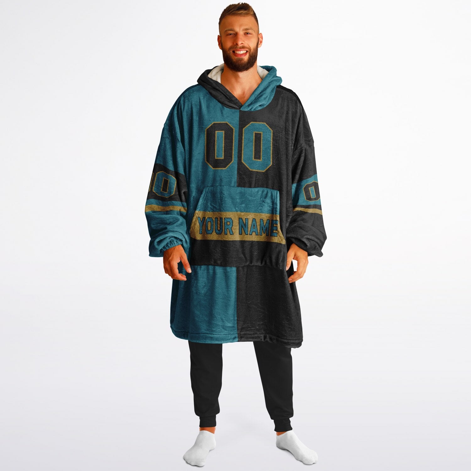 Teal, black, and gold halftime snug hoodie with three-tone split design and cozy fleece texture.