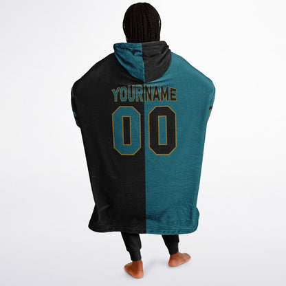 Teal, black, and gold halftime snug hoodie with three-tone split design and cozy fleece texture.