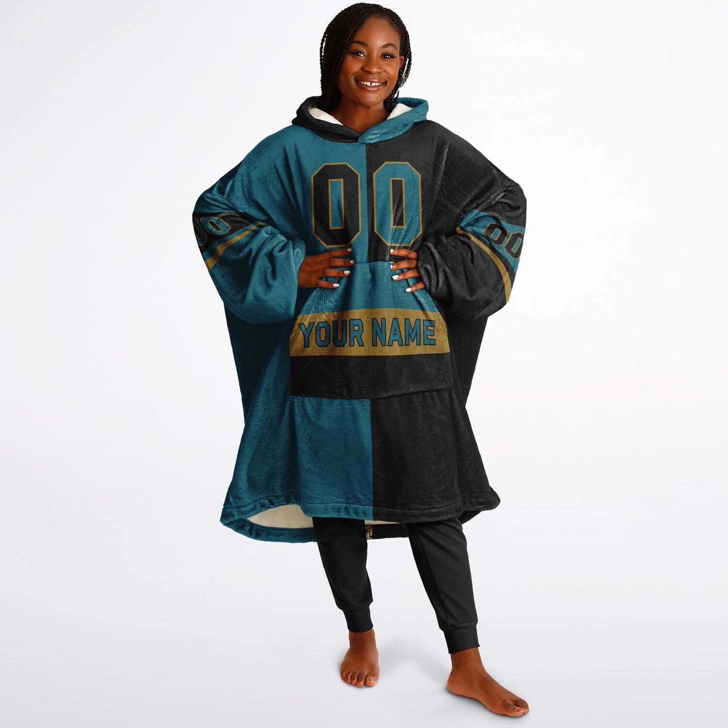 Teal, black, and gold halftime snug hoodie with three-tone split design and cozy fleece texture.