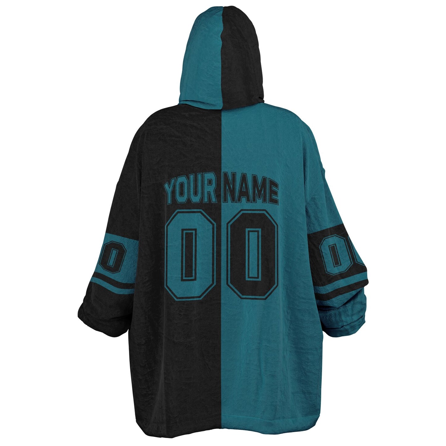 Teal and black halftime snug hoodie featuring a symmetrical split design for a dynamic game-day look.