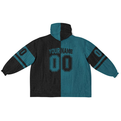 Teal and black halftime snug hoodie featuring a symmetrical split design for a dynamic game-day look