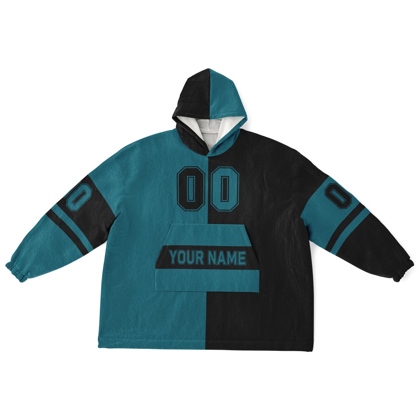 Teal and black halftime snug hoodie featuring a symmetrical split design for a dynamic game-day look