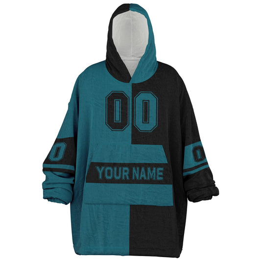 Teal and black halftime snug hoodie featuring a symmetrical split design for a dynamic game-day look.