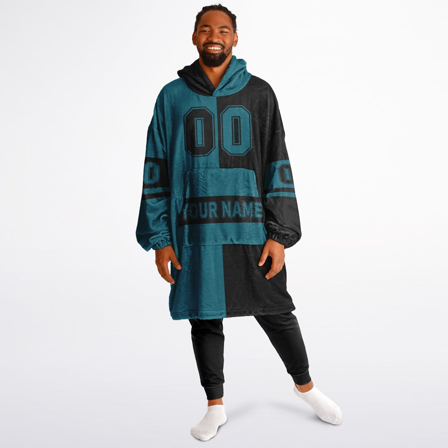 Teal and black halftime snug hoodie featuring a symmetrical split design for a dynamic game-day look.