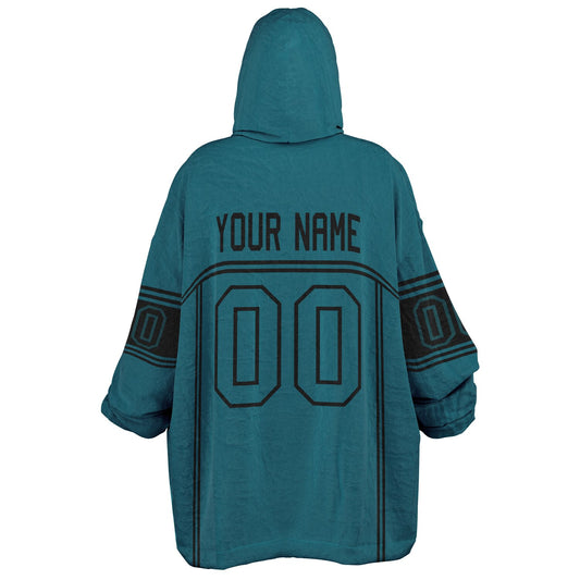 Teal and black lineup snug hoodie featuring sleek line-art details and minimalist team-inspired design.