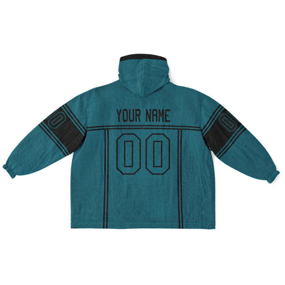 Teal and black lineup snug hoodie featuring sleek line-art details and minimalist team-inspired design.