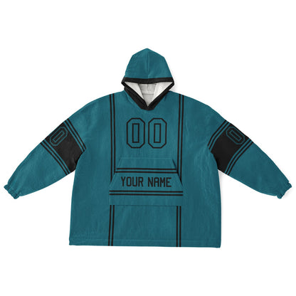 Teal and black lineup snug hoodie featuring sleek line-art details and minimalist team-inspired design.