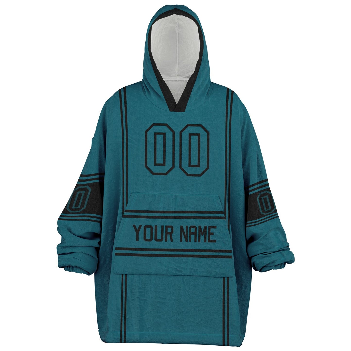 Teal and black lineup snug hoodie featuring sleek line-art details and minimalist team-inspired design.