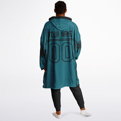 Teal and black lineup snug hoodie featuring sleek line-art details and minimalist team-inspired design.