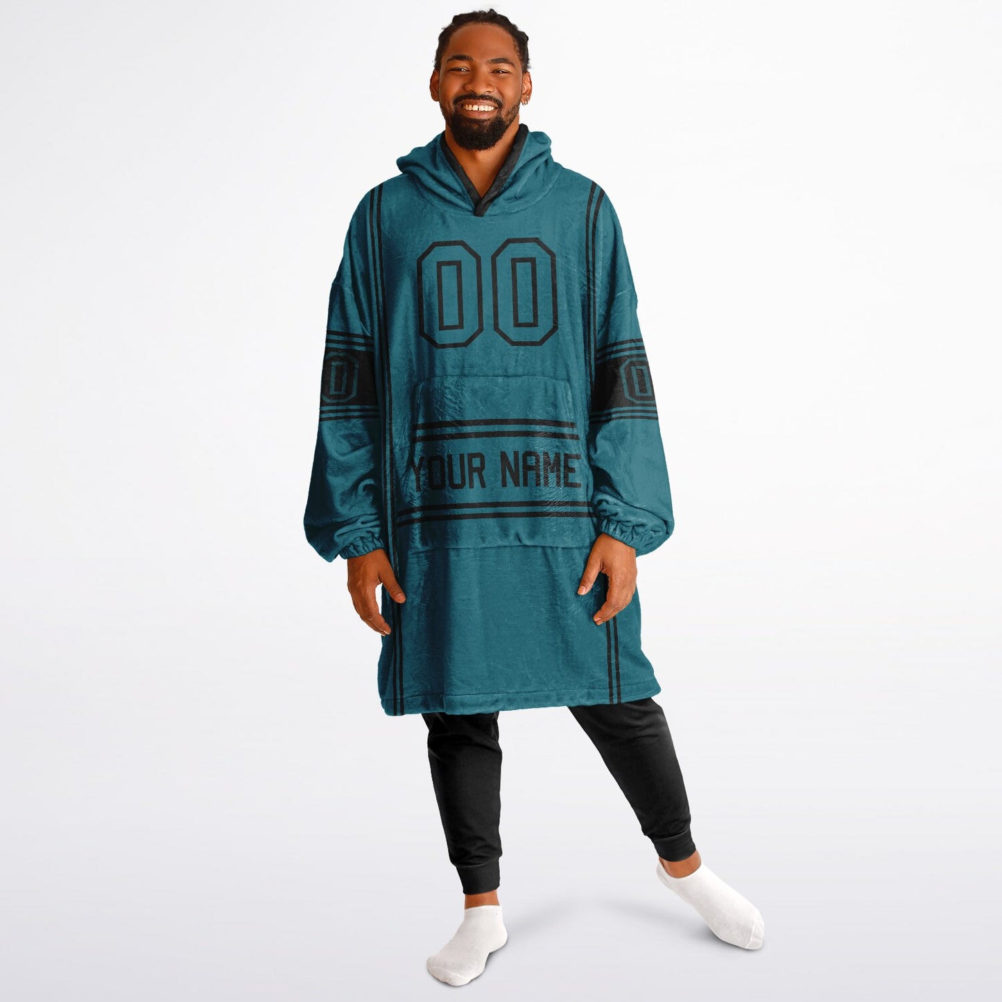 Teal and black lineup snug hoodie featuring sleek line-art details and minimalist team-inspired design.