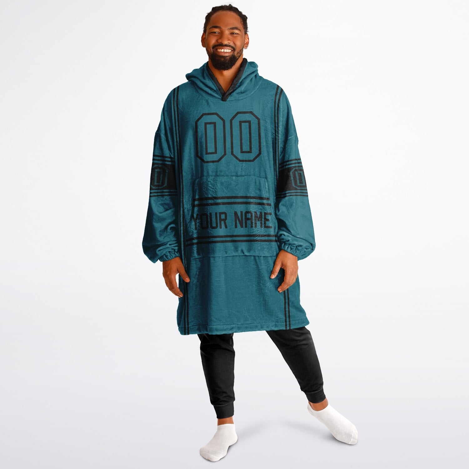Teal and black lineup snug hoodie featuring sleek line-art details and minimalist team-inspired design.