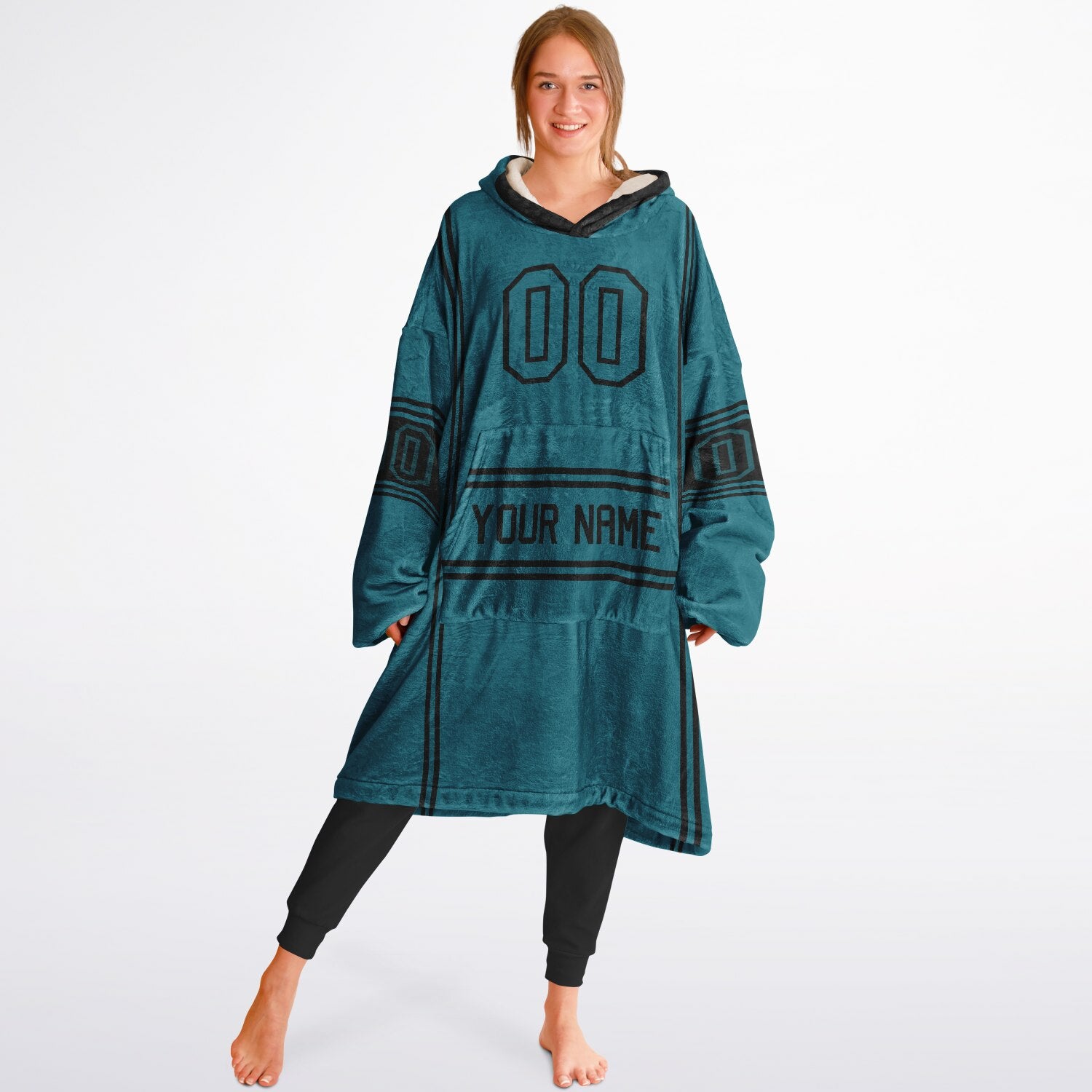 Teal and black lineup snug hoodie featuring sleek line-art details and minimalist team-inspired design.