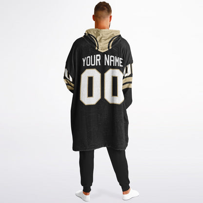 Black and old gold classic snug hoodie featuring jersey-style stripes and personalized name and number.